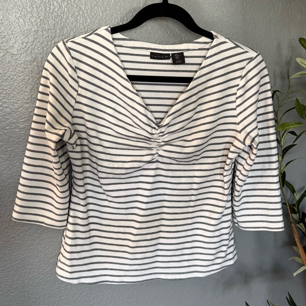 Tahari Black and White Striped 1/2 Sleeve Top
